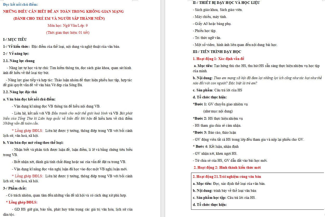 KHBD Ngữ văn 9 Bài Những điều cần biết để an toàn trong không gian mạng CTST