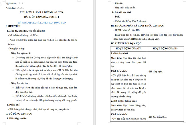 Giáo án Tiếng Việt 2 Ôn tập giữa học kì 1 Tiết 9, 10