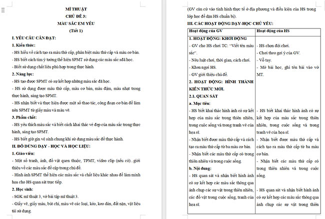 Giáo án Mĩ thuật 3 Màu sắc em yêu
