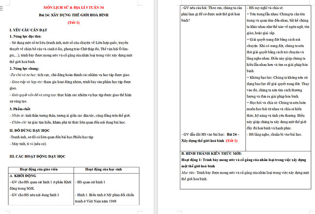 Giáo án Lịch sử - Địa lí 5 Xây dựng thế giới hoà bình