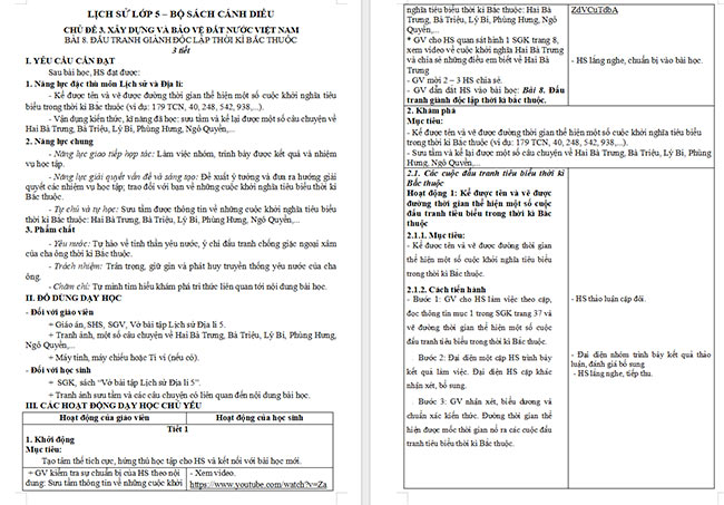 Giáo án Lịch sử - Địa lí 5 Đấu tranh giành độc lập thời kì Bắc thuộc