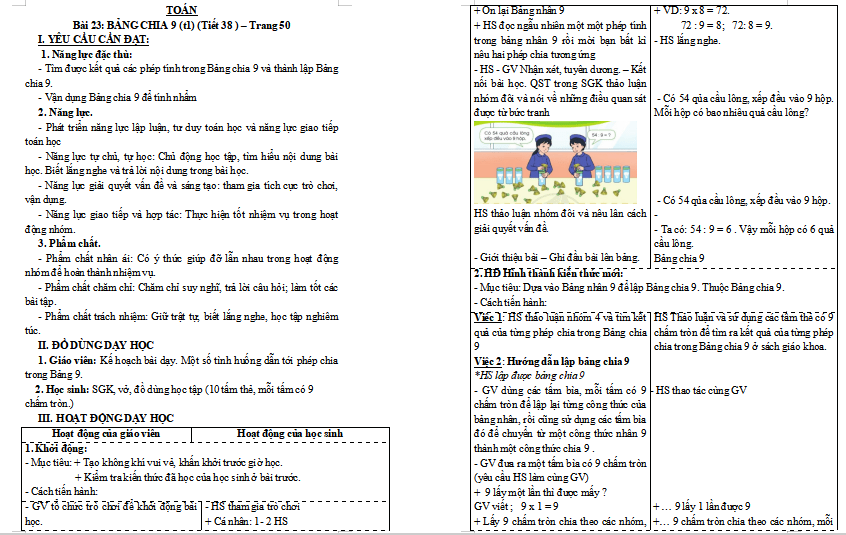 Giáo án Toán 3: Bảng chia 9