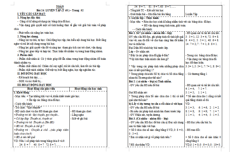 Giáo án Toán 3: Luyện tập trang 52