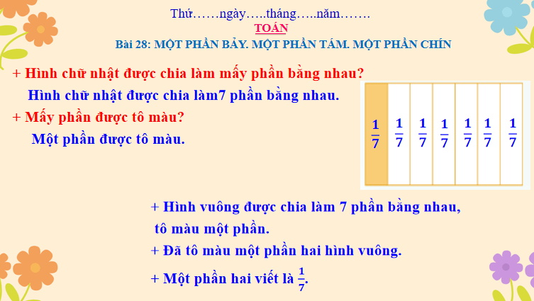 Giáo án Toán 3: Một phần bảy. Một phần tám. Một phần chín