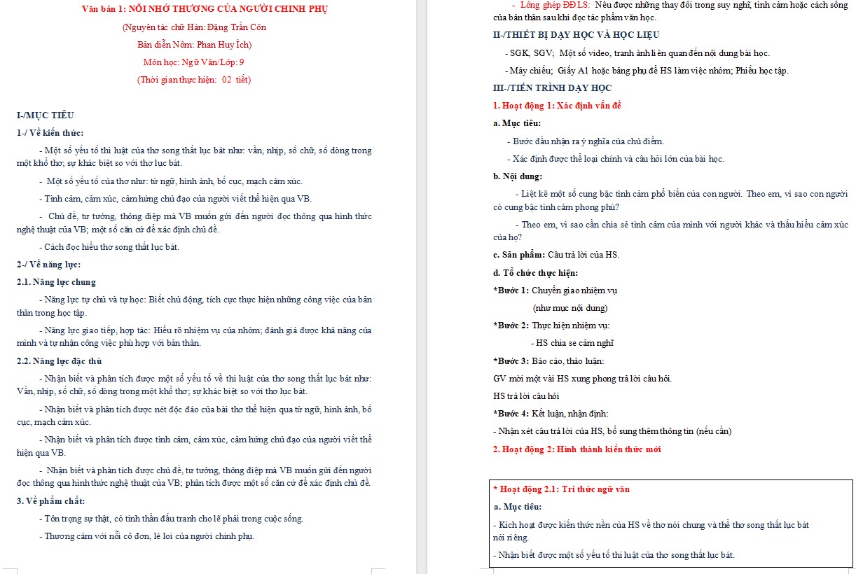 KHBD Ngữ văn 9 Bài Nỗi nhớ thương của người chinh phụ CTST 