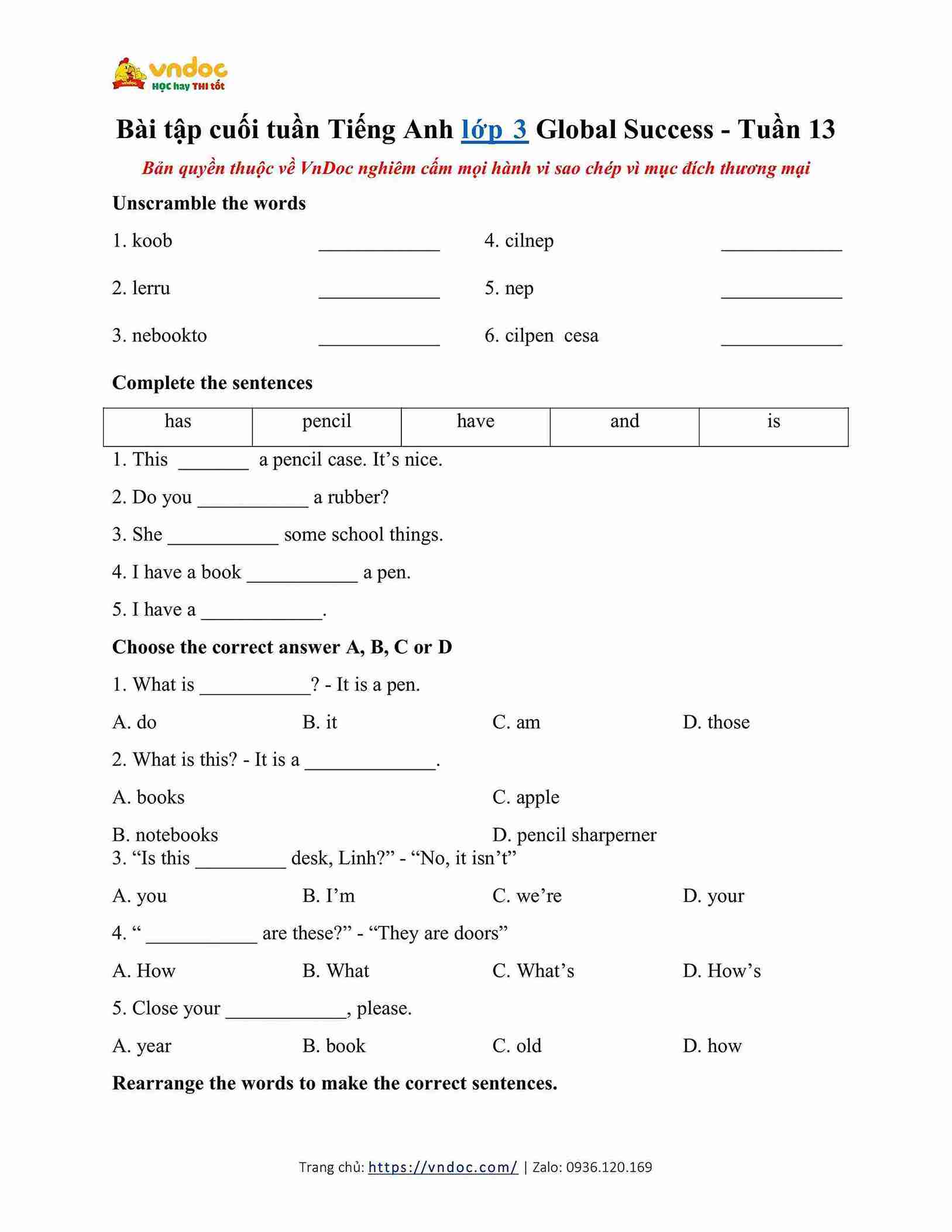 Bài tập cuối tuần lớp 3 Kết nối tri thức Tuần 13