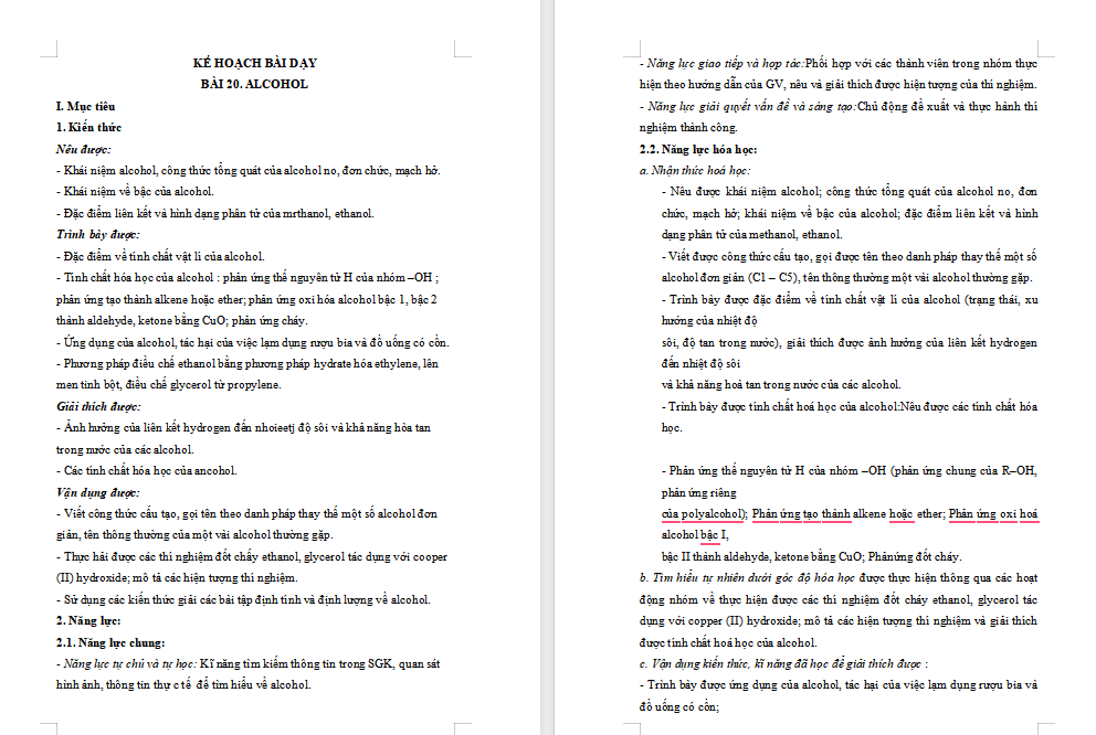 Giáo án Hóa học 11 Bài 20: Alcohol