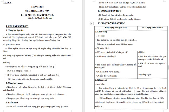 Giáo án Tiếng Việt 3 Quạt cho bà ngủ