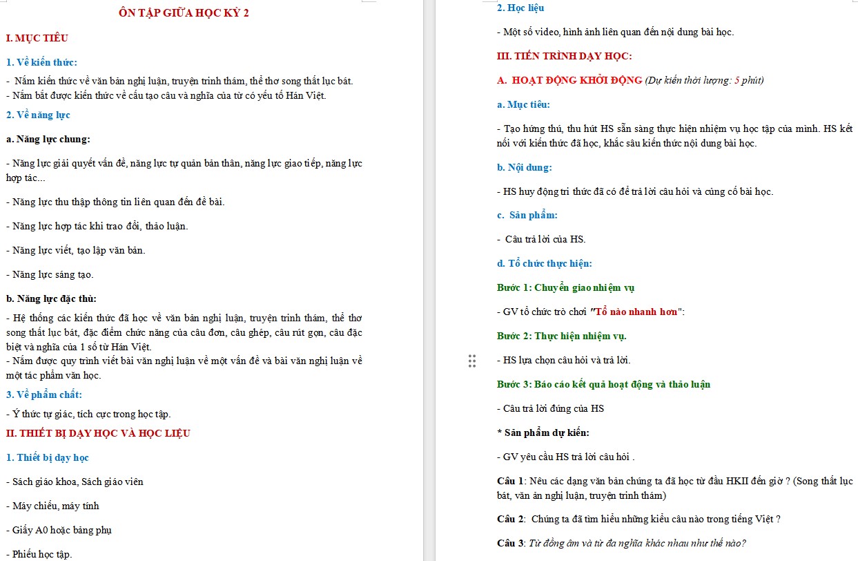 KHBD Ngữ văn 9 Bài Ôn tập giữa kì 2 CTST 