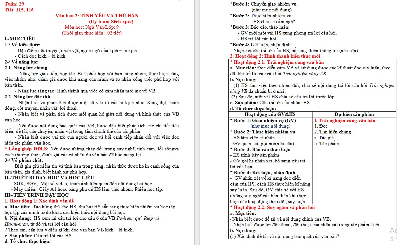 KHBD Ngữ văn 9 Bài Tình yêu và thù hận CTST 