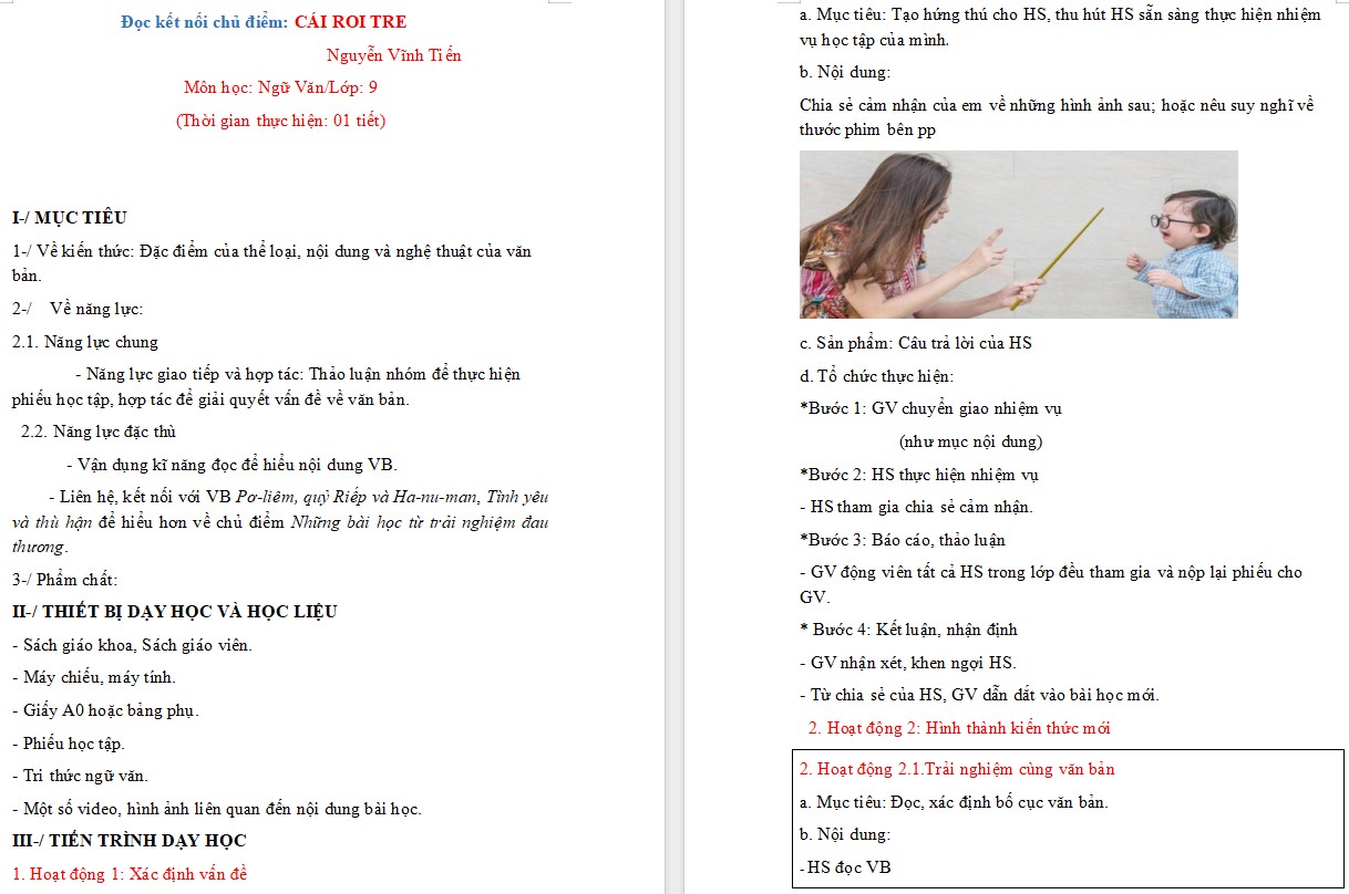 KHBD Ngữ văn 9 Bài Cái roi tre CTST 