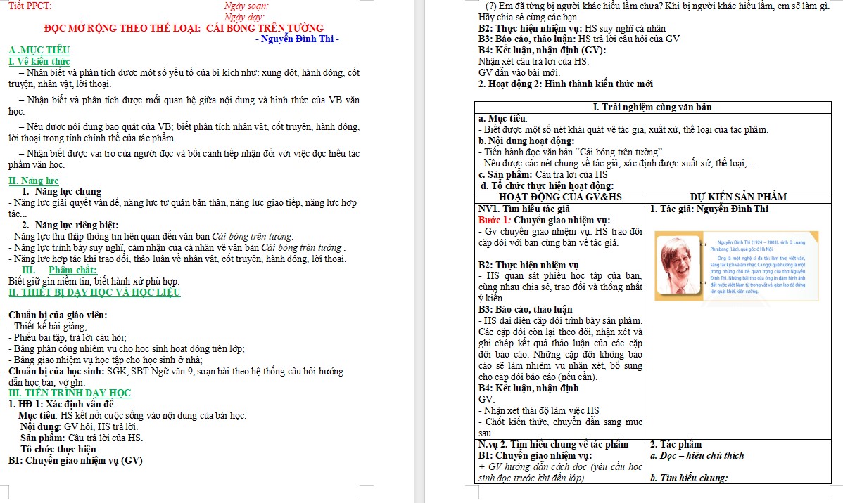 KHBD Ngữ văn 9 Bài Cái bóng trên tường CTST