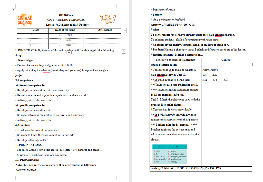 Tiếng Anh 7 Unit 10: Looking Back