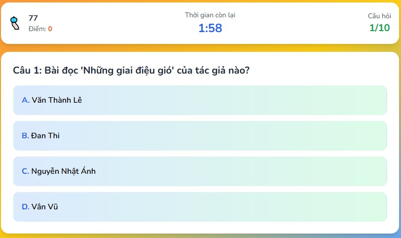 Trò chơi tương tác bài đọc Những giai điệu gió