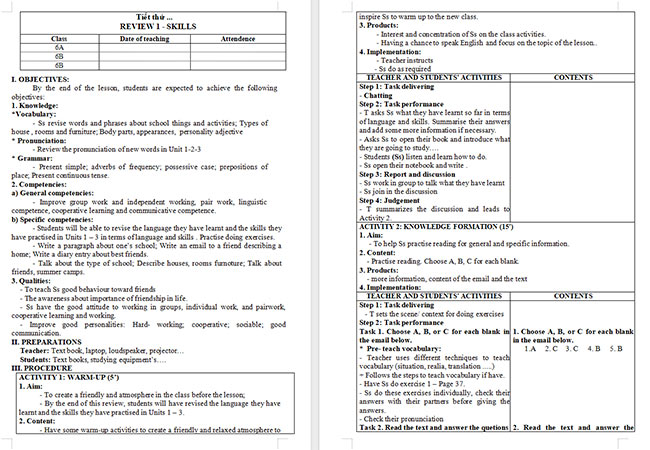 Giáo án Tiếng Anh 6 Review 1: Skills