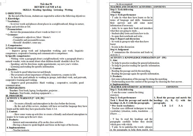 Giáo án Tiếng Anh 6 Review 2: Skills