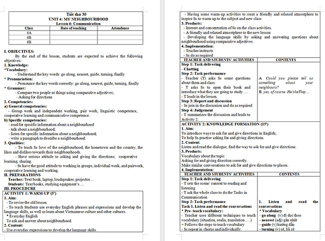 Giáo án Tiếng Anh 6 Unit 4: Communication