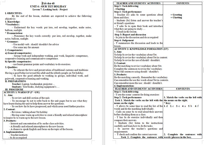 Giáo án Tiếng Anh 6 Unit 6: Looking Back