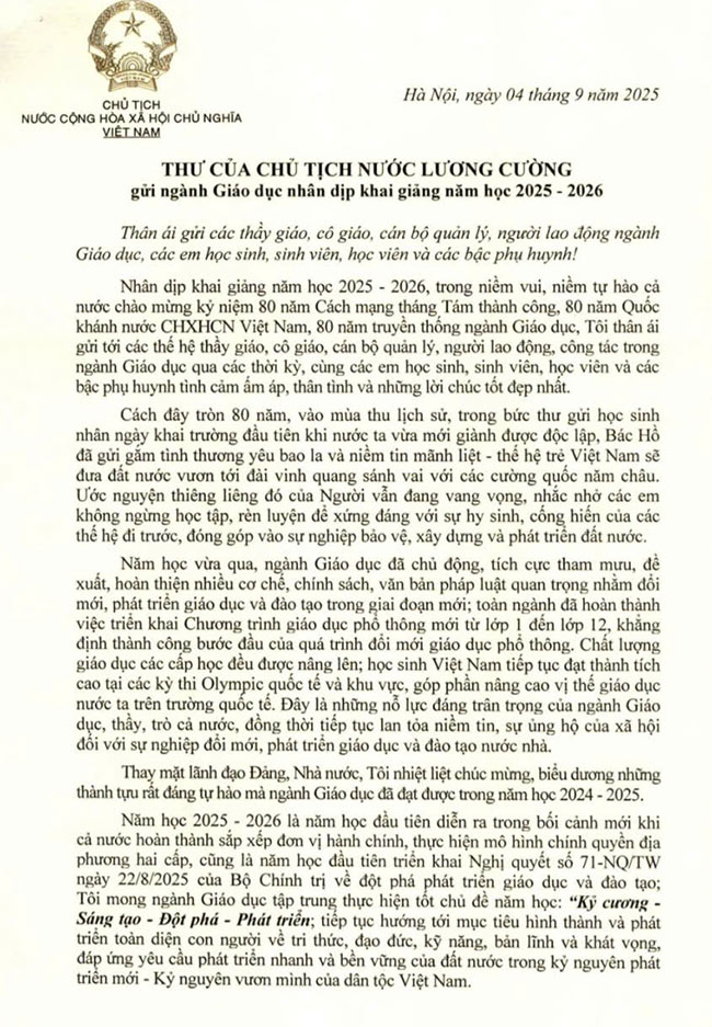 Thư của chủ tịch nước nhân ngày khai giảng 2025 - 2026