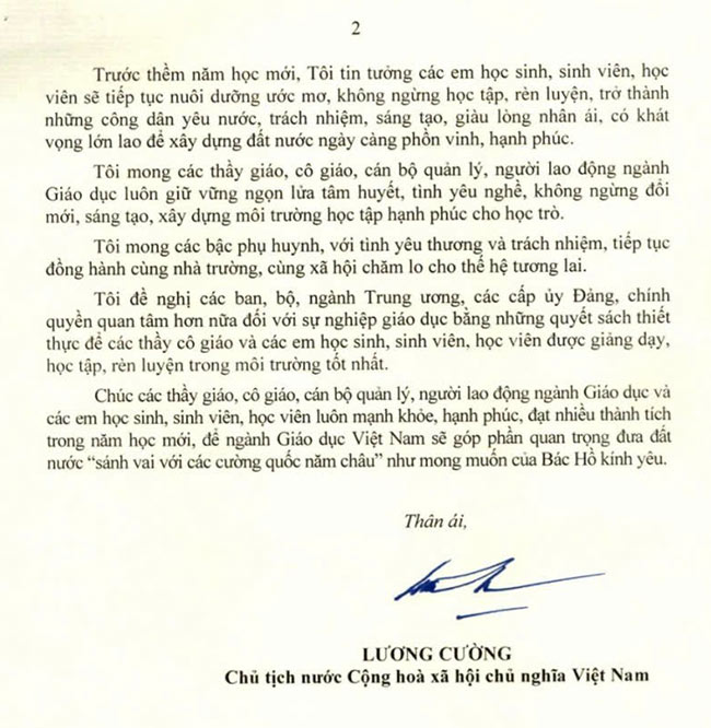 Thư của chủ tịch nước nhân ngày khai giảng 2025 - 2026