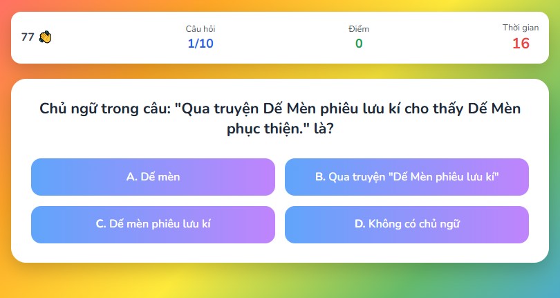 Trò chơi tương tác Khám phá thành phần chính của câu