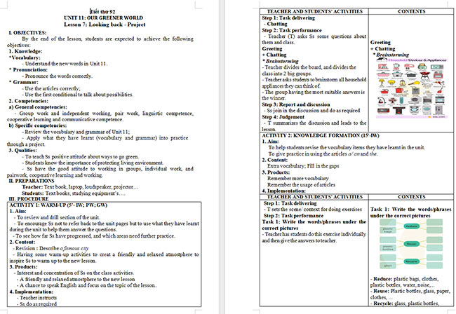Giáo án Tiếng Anh 6 Unit 11: Looking Back