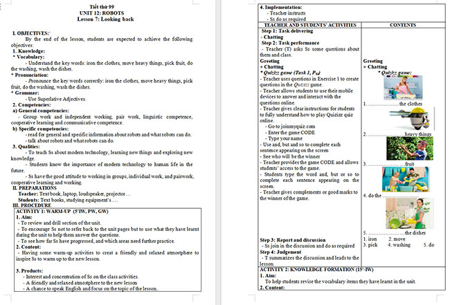 Giáo án Tiếng Anh 6 Unit 12: Looking Back