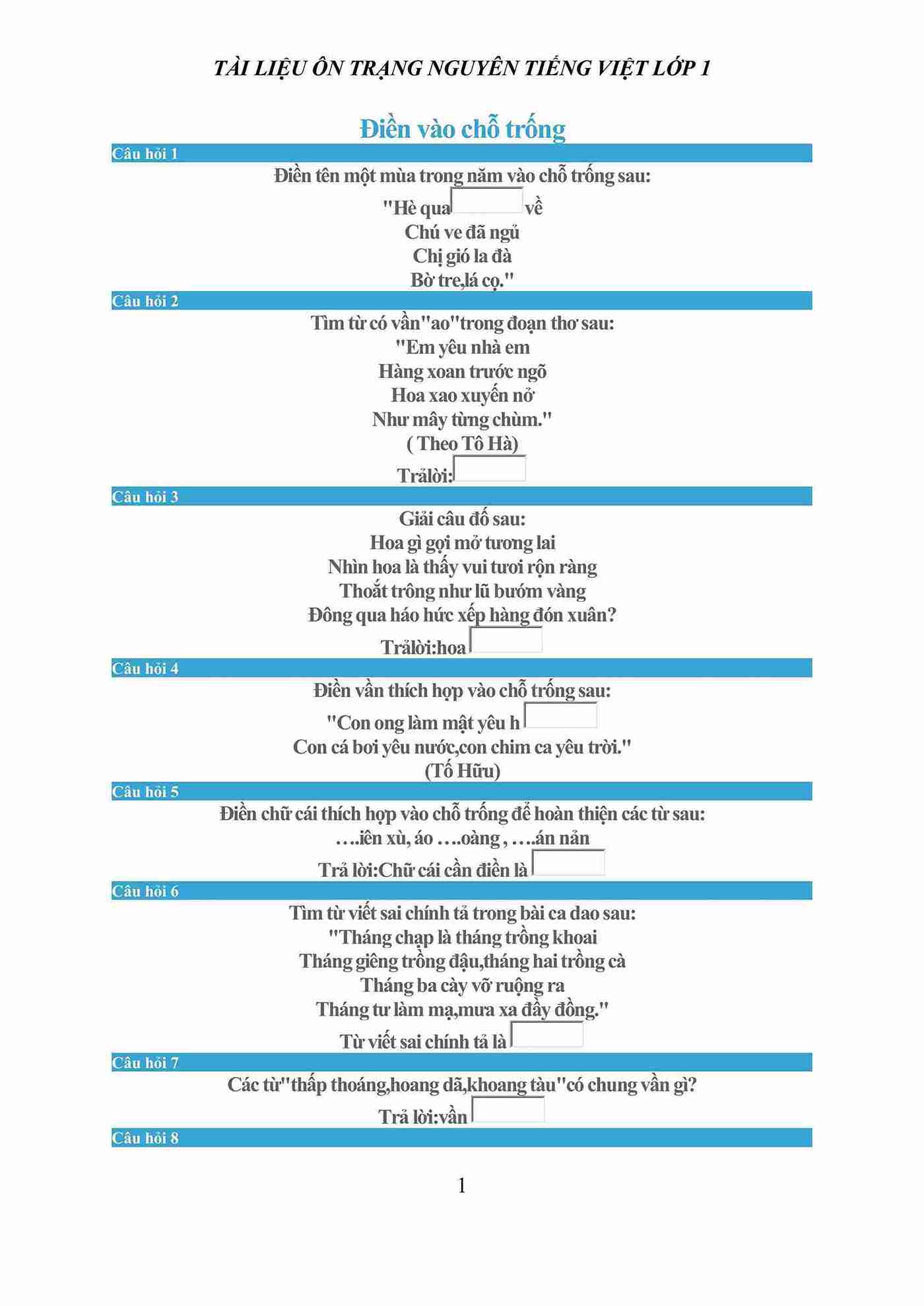 Ôn Trạng Nguyên Tiếng Việt lớp 1