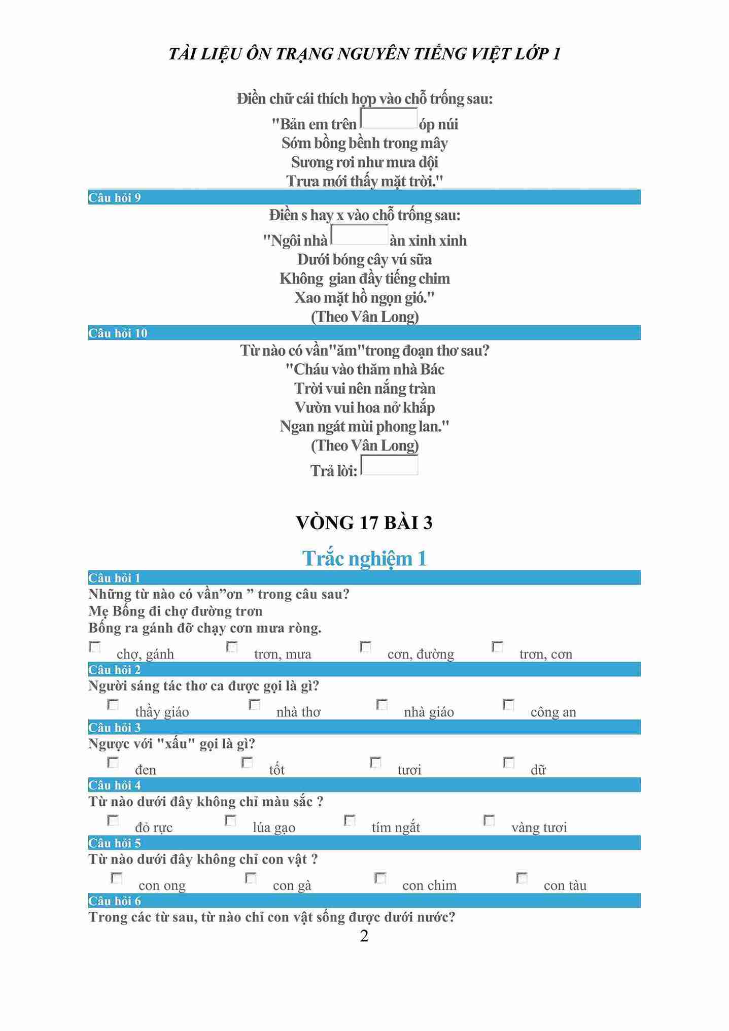 Ôn Trạng Nguyên Tiếng Việt lớp 1