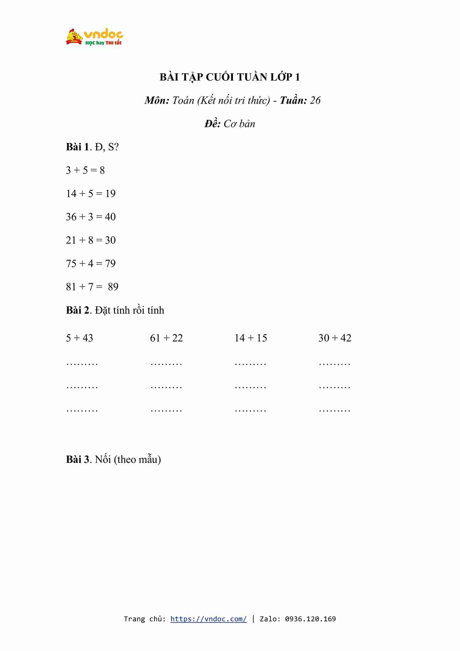 Bài tập cuối tuần môn Toán lớp 1