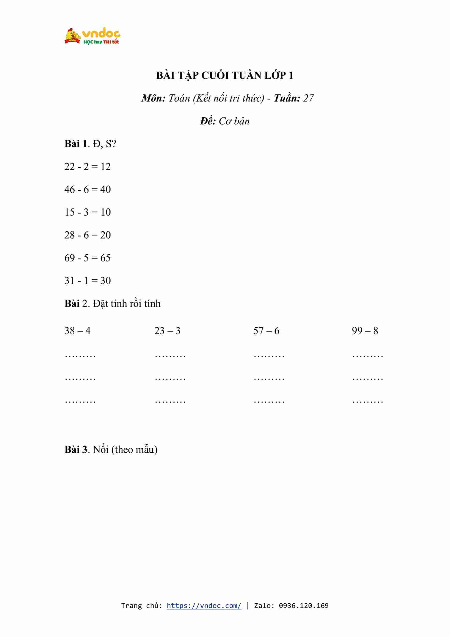 Bài tập cuối tuần môn Toán lớp 1 Tuần 27