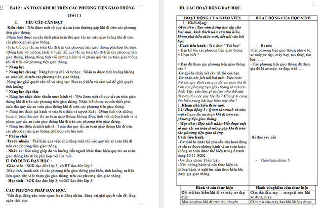Giáo án Đạo đức 3 Bài 2: An toàn khi đi trên các phương tiện giao thông