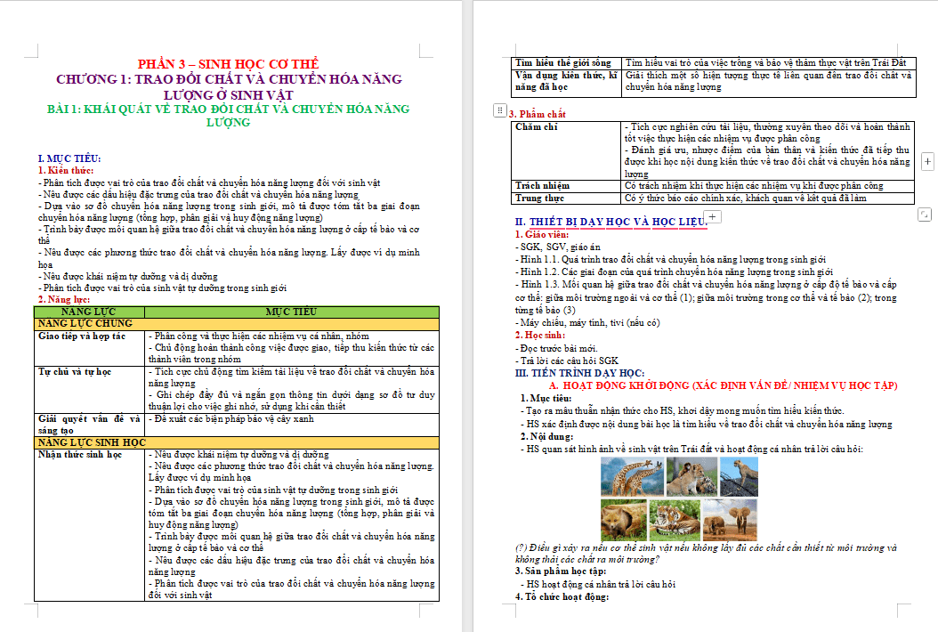 Giáo án Sinh học 11 Kết nối tri thức Bài 1