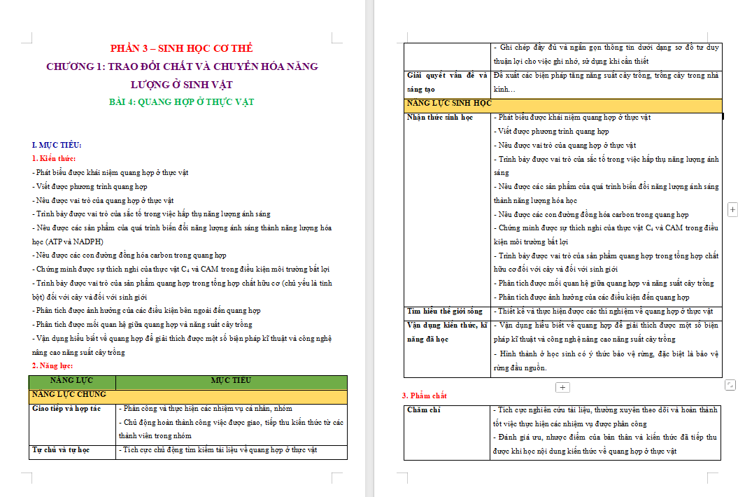 Giáo án Sinh học 11 Kết nối tri thức Bài 4