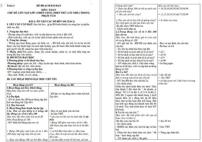 Giáo án Toán 2: Ôn tập các số đến 100