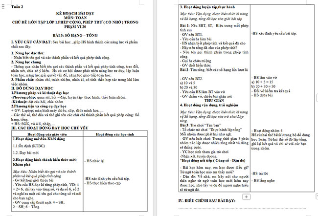 Giáo án Toán 2: Số hạng - tổng