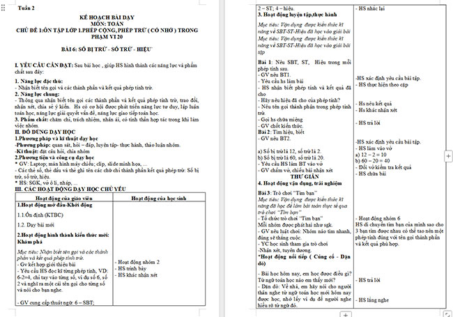 Giáo án Toán 2: Số bị trừ - số trừ - hiệu