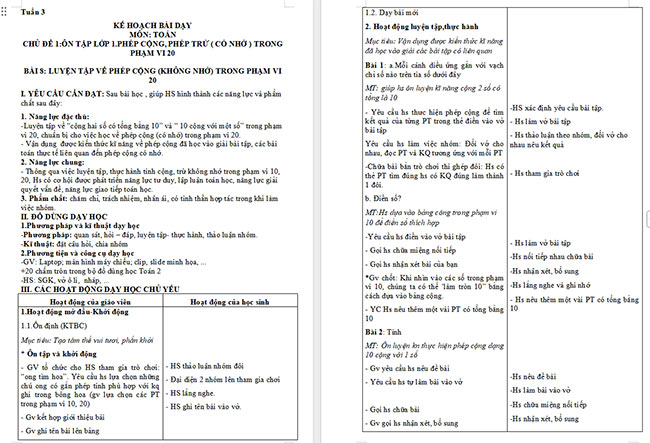 Giáo án Toán 2: Luyện tập phép cộng (không nhớ) trong phạm vi 20