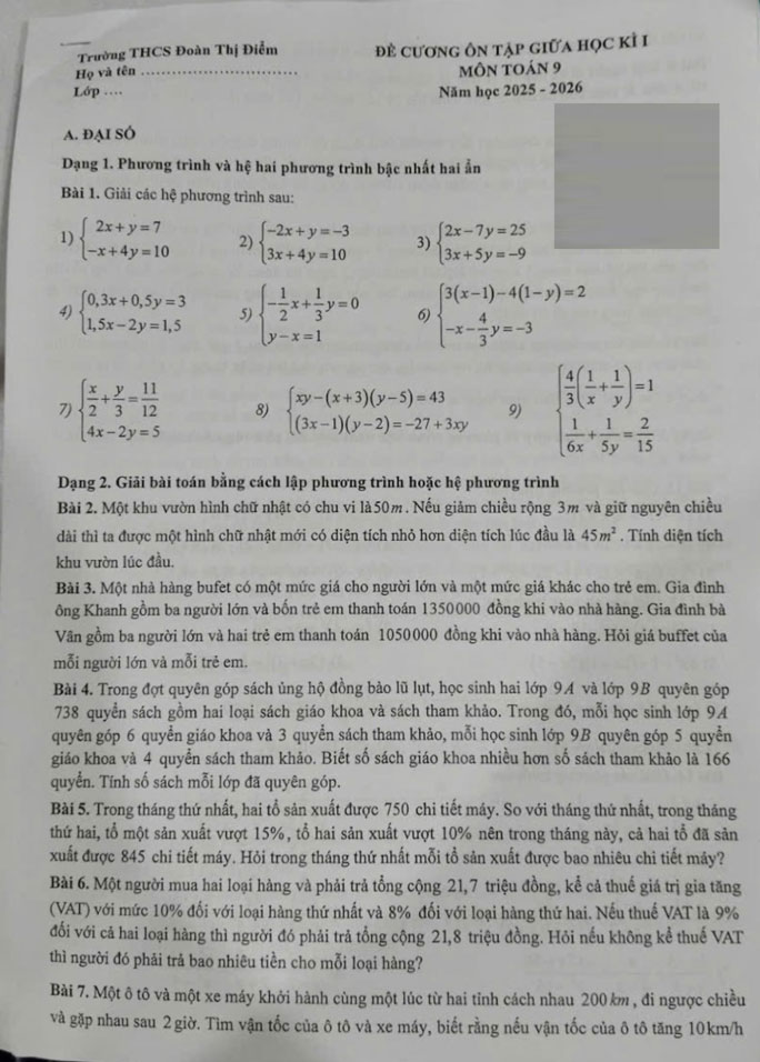 Đề cương ôn tập giữa kì I Toán 9 trường THCS Đoàn Thị Điểm năm 2025-2026