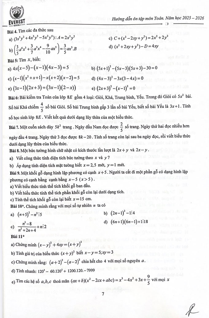 Đề cương ôn tập giữa kì I Toán 9 trường Everest năm 2025-2026