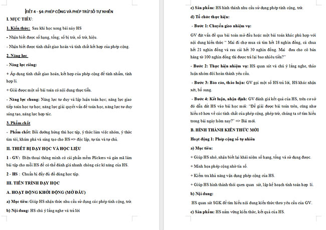 Giáo án Toán 6 Bài 4: Phép cộng và phép trừ số tự nhiên