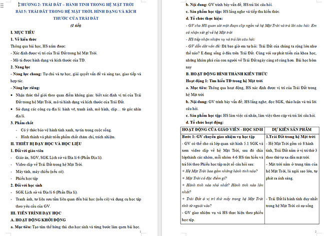 Giáo án Địa lí 6 Bài 5: Trái Đất trong hệ Mặt Trời. Hình dạng và kích thước của Trái Đất