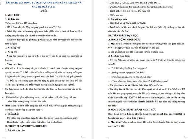 Giáo án Địa lí 6 Bài 6: Chuyển động tự quay quanh trục của Trái Đất và các hệ quả địa lí