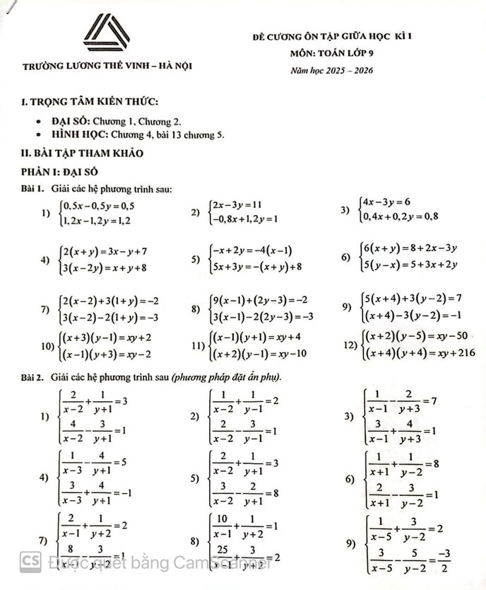 Đề cương ôn tập giữa học kì 1 Toán 9 năm 2025-2026  trường Lương Thế Vinh 