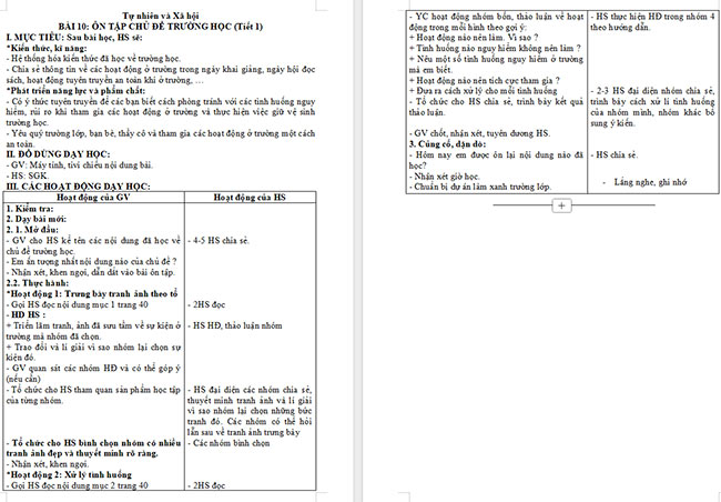 Giáo án Tự nhiên và xã hội 2 Bài 10: Ôn tập chủ đề trường học