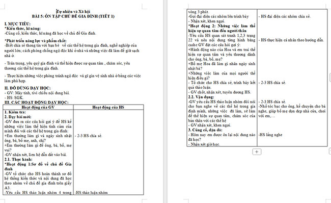 Giáo án Tự nhiên và xã hội 2 Bài 5: Ôn tập chủ đề gia đình