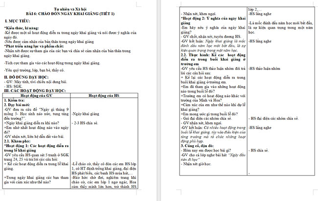 Giáo án Tự nhiên và xã hội 2 Bài 6: Chào đón ngày khai giảng