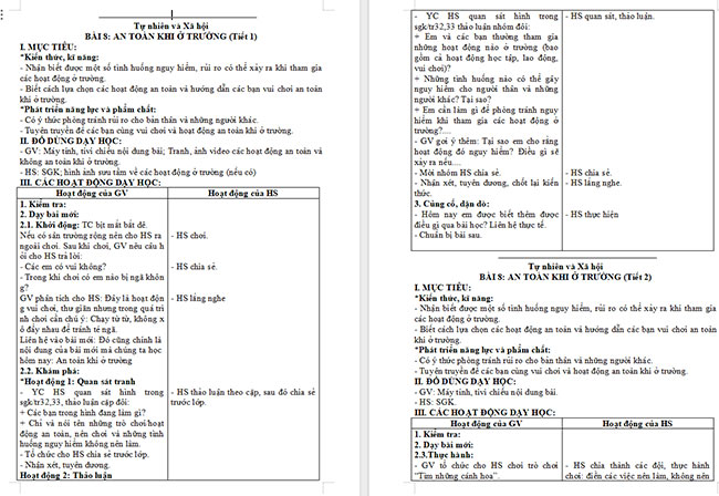 Giáo án Tự nhiên và xã hội 2 Bài 8: An toàn khi ở trường