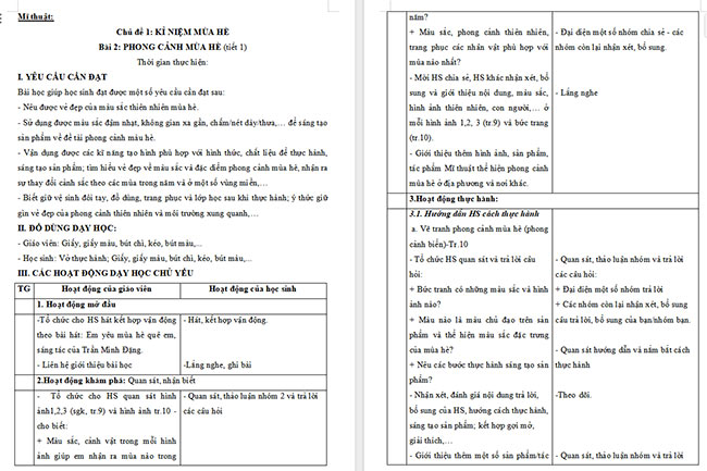 Giáo án Mĩ thuật 5 Bài 2: Phong cảnh mùa hè