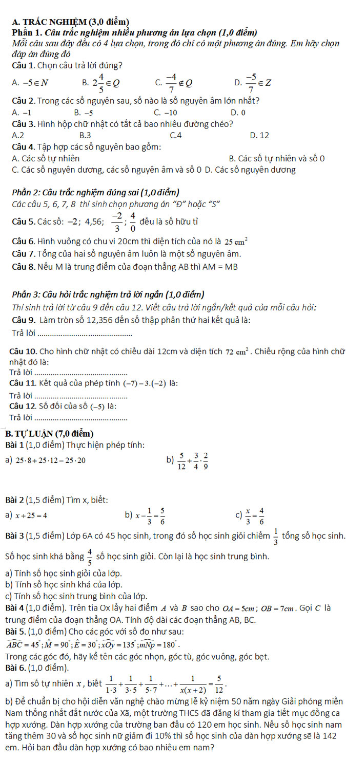 Đề kiểm tra Toán 7 đầu năm 2025 – 2026 trường THCS Lý Thường Kiệt – TP HCM